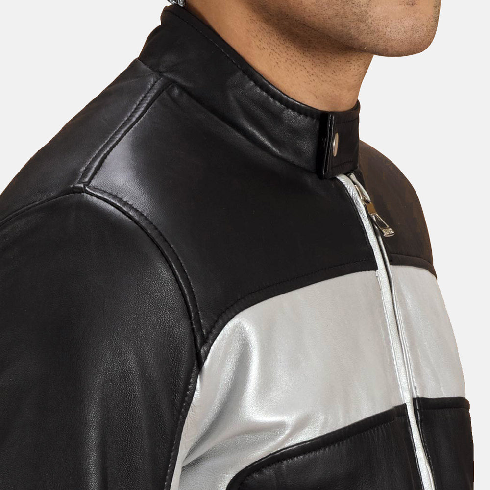 Randolf Silver Black Leather Biker Jacket - men's jacket in black & silver sheepskin leather, view 3