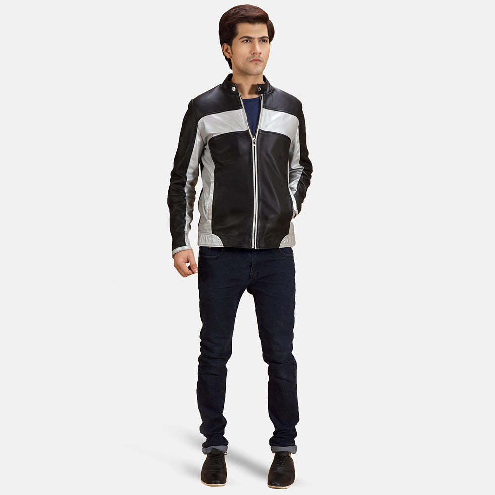Randolf Silver Black Leather Biker Jacket - men's jacket in black & silver sheepskin leather, view 4