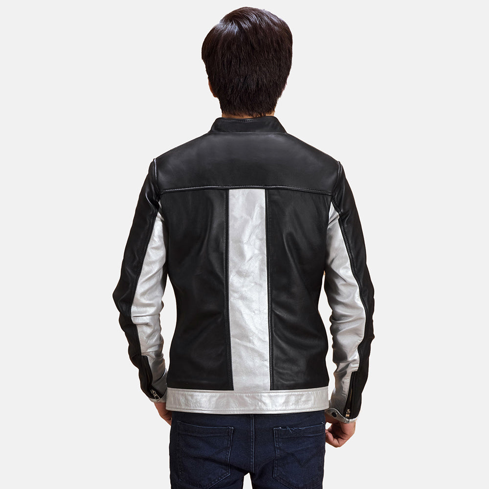 Randolf Silver Black Leather Biker Jacket - men's jacket in black & silver sheepskin leather, view 5