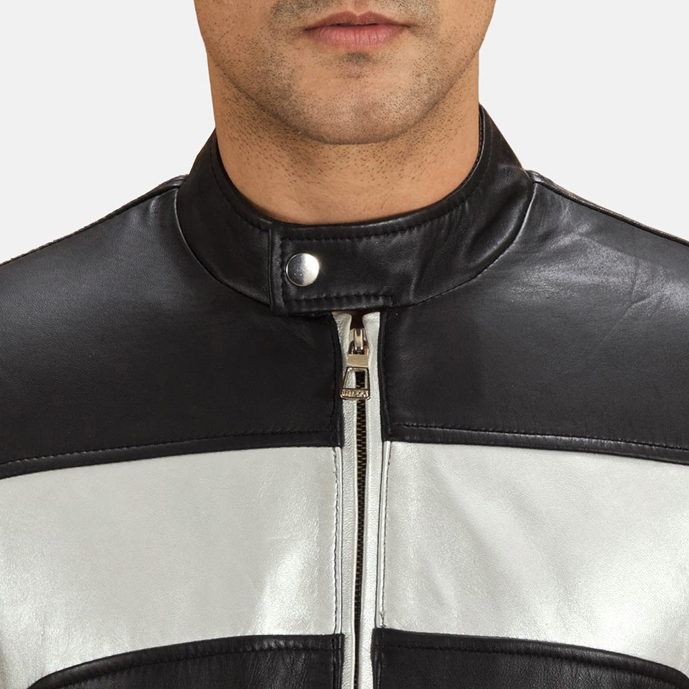 Randolf Silver Black Leather Biker Jacket - men's jacket in black & silver sheepskin leather, view 6