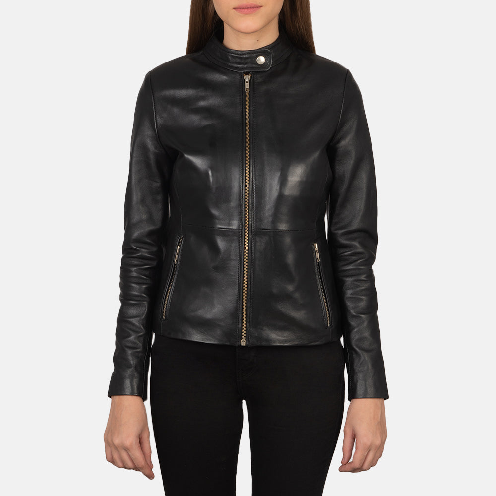 Rave Black Leather Biker Jacket - women's jacket in black sheepskin leather, view 1