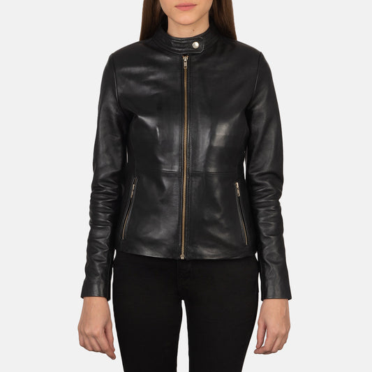 Rave Black Leather Biker Jacket - women's jacket in black sheepskin leather, view 1