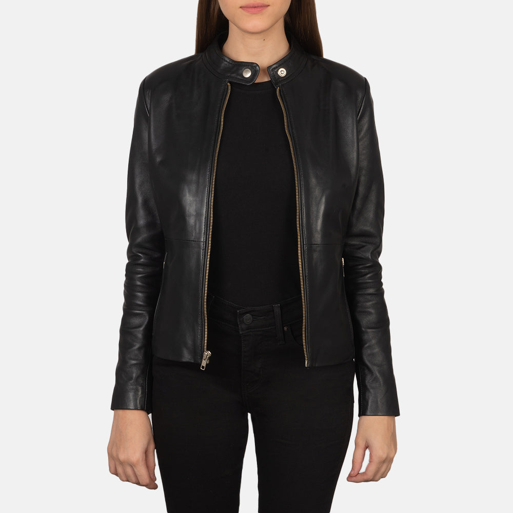 Rave Black Leather Biker Jacket - women's jacket in black sheepskin leather, view 2