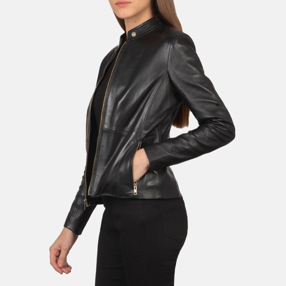 Rave Black Leather Biker Jacket - women's jacket in black sheepskin leather, view 3