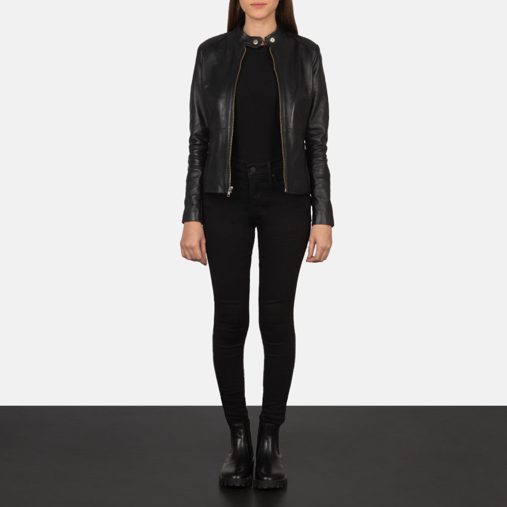 Rave Black Leather Biker Jacket - women's jacket in black sheepskin leather, view 4