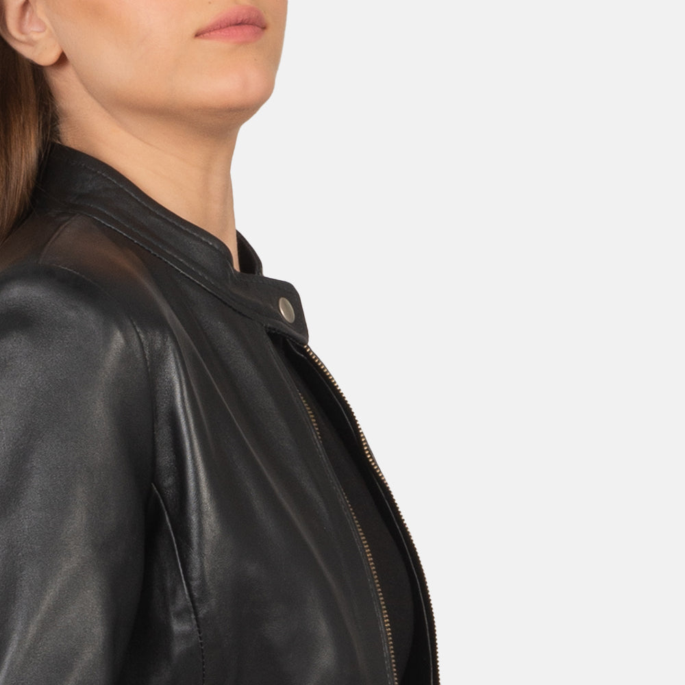 Rave Black Leather Biker Jacket - women's jacket in black sheepskin leather, view 6