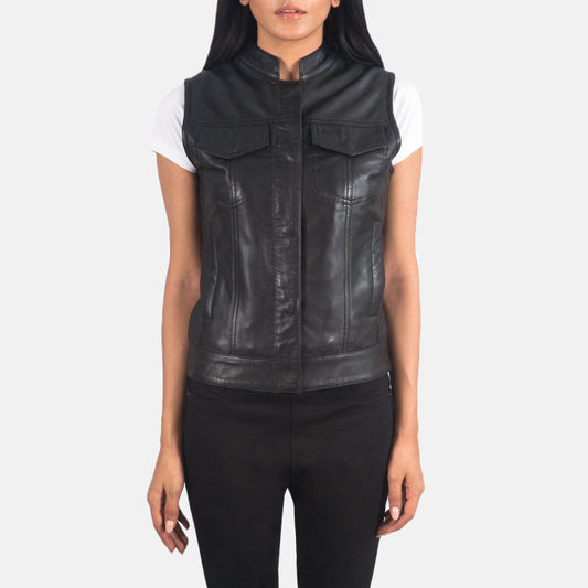 Brex Rayne Moto Black Leather Vest - women's vest in black sheepskin leather, view 1