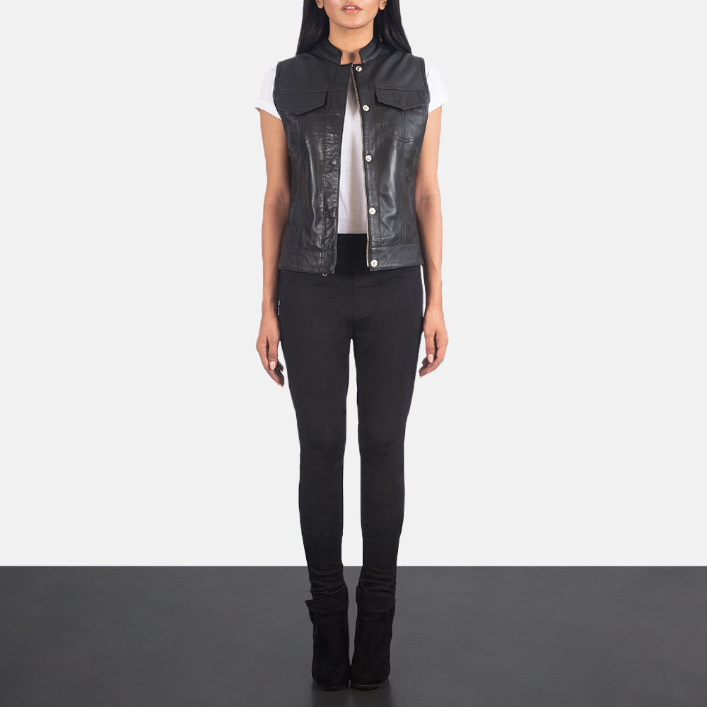 Brex Rayne Moto Black Leather Vest - women's vest in black sheepskin leather, view 3