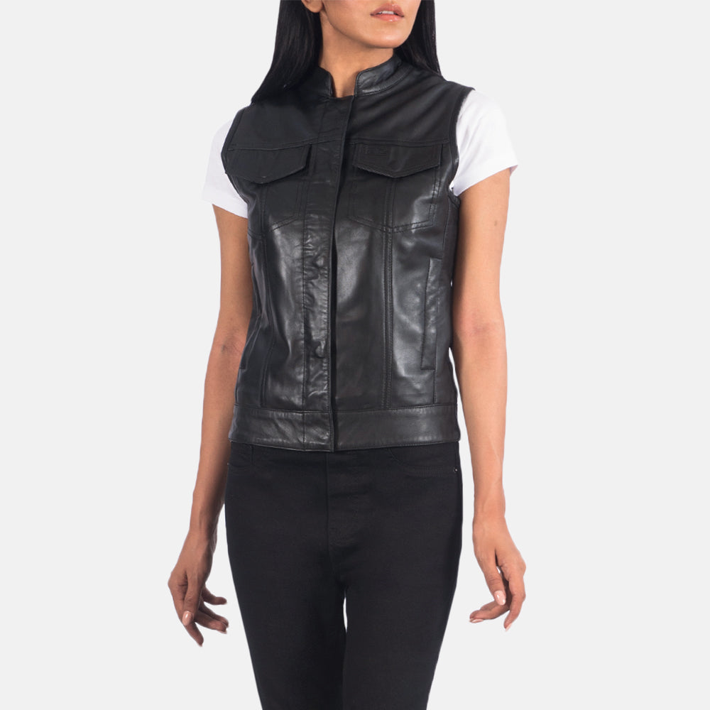 Brex Rayne Moto Black Leather Vest - women's vest in black sheepskin leather, view 4