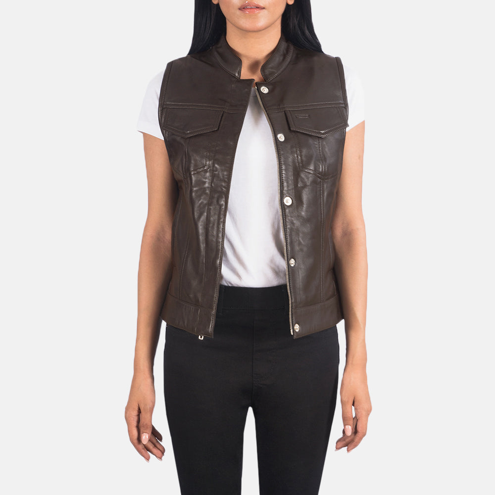 Brex Rayne Moto Brown Leather Vest - women's vest in brown sheepskin leather, view 1