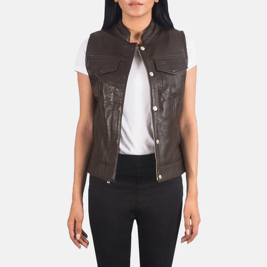 Brex Rayne Moto Brown Leather Vest - women's vest in brown sheepskin leather, view 1