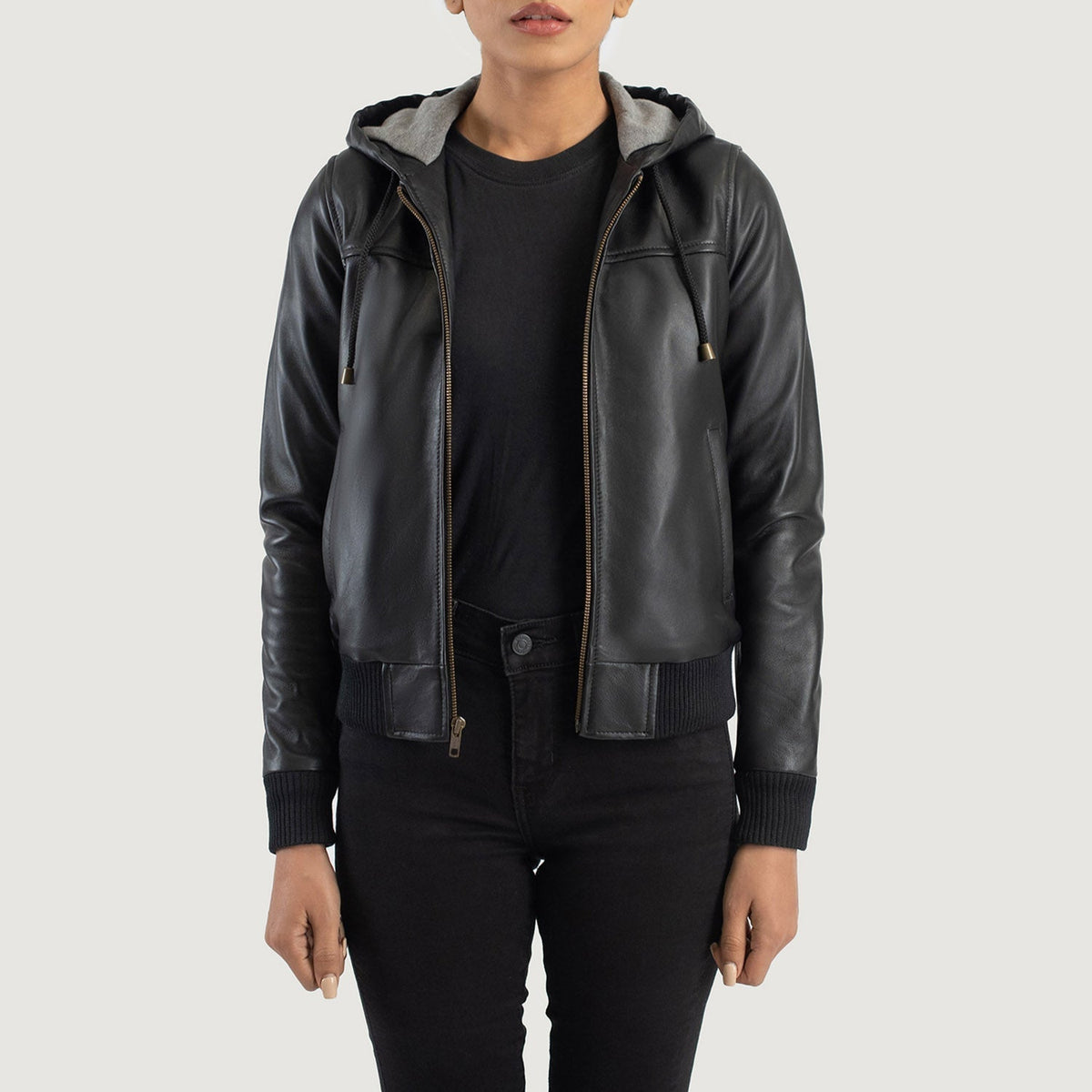 Rebella Black Hooded Leather Bomber Jacket - women's jacket in black sheepskin leather, view 1