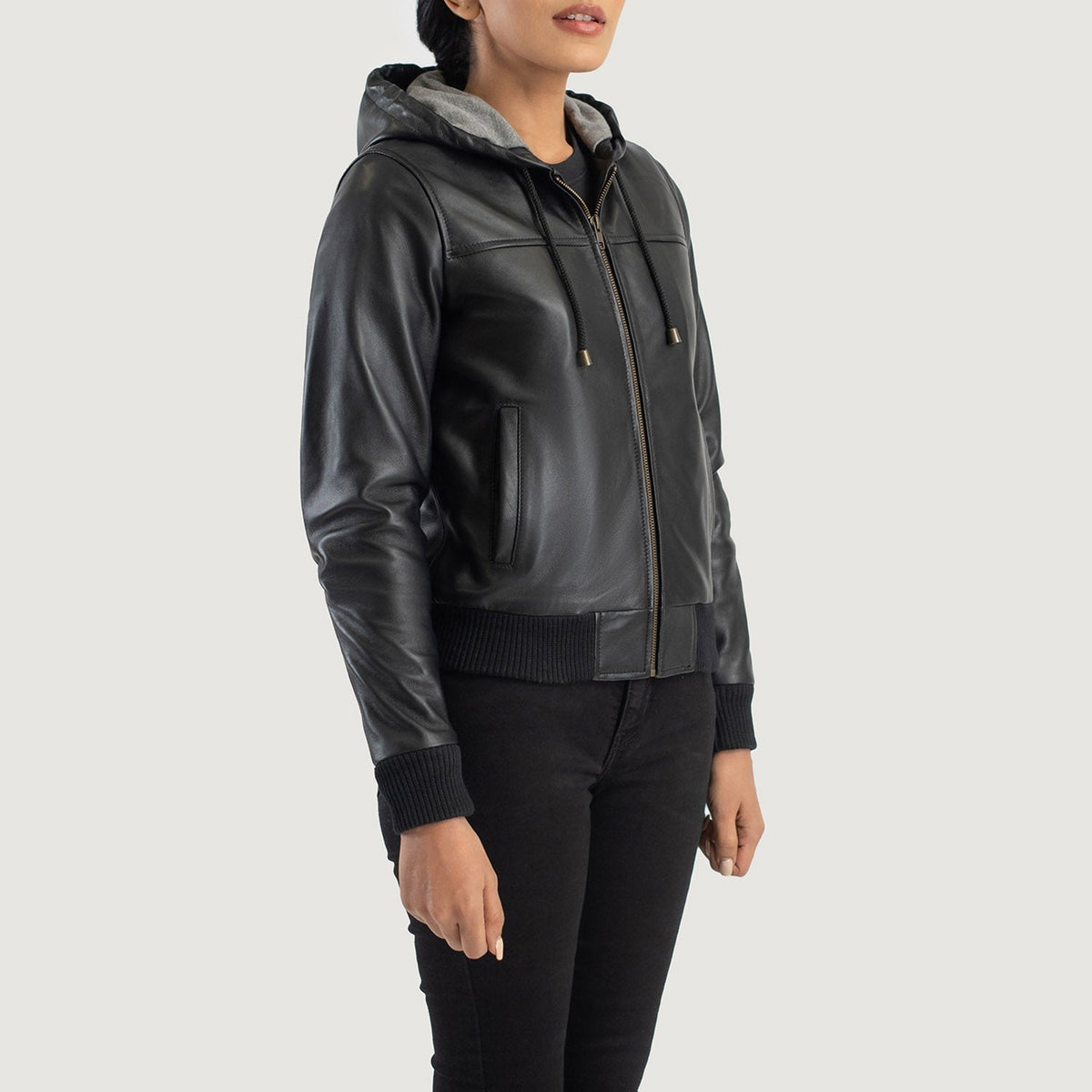 Rebella Black Hooded Leather Bomber Jacket - women's jacket in black sheepskin leather, view 2