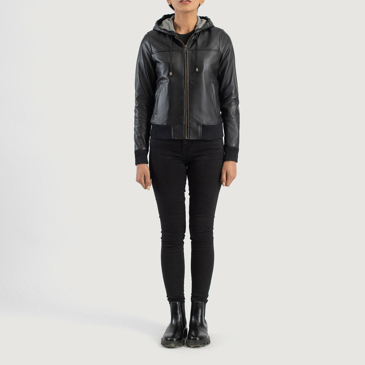 Rebella Black Hooded Leather Bomber Jacket - women's jacket in black sheepskin leather, view 3