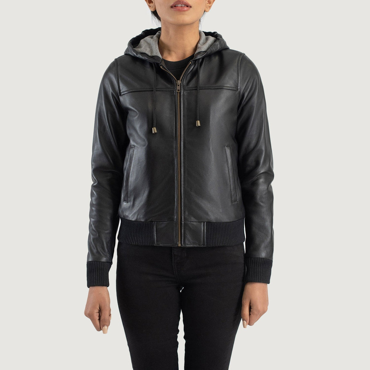 Rebella Black Hooded Leather Bomber Jacket - women's jacket in black sheepskin leather, view 4