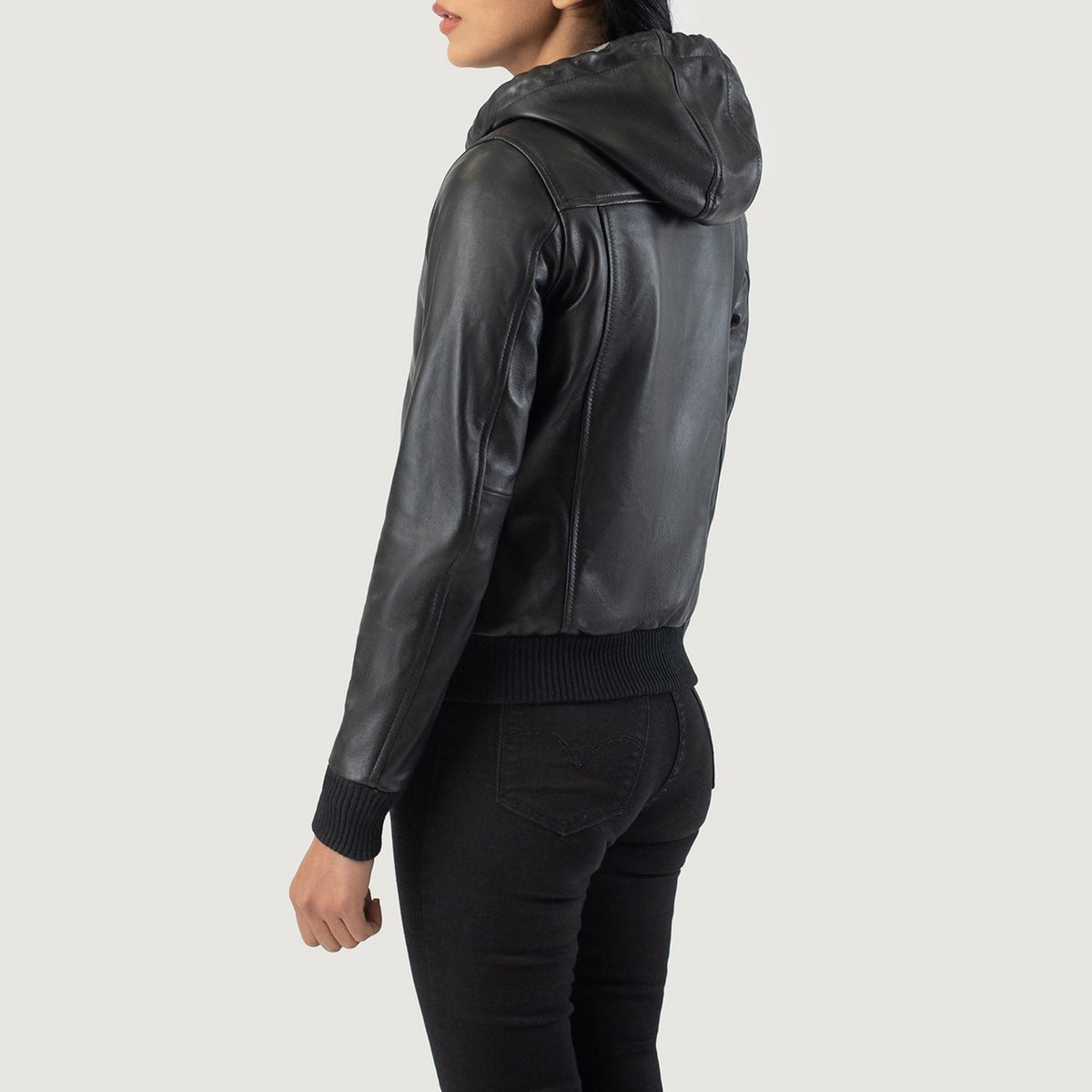 Rebella Black Hooded Leather Bomber Jacket - women's jacket in black sheepskin leather, view 5