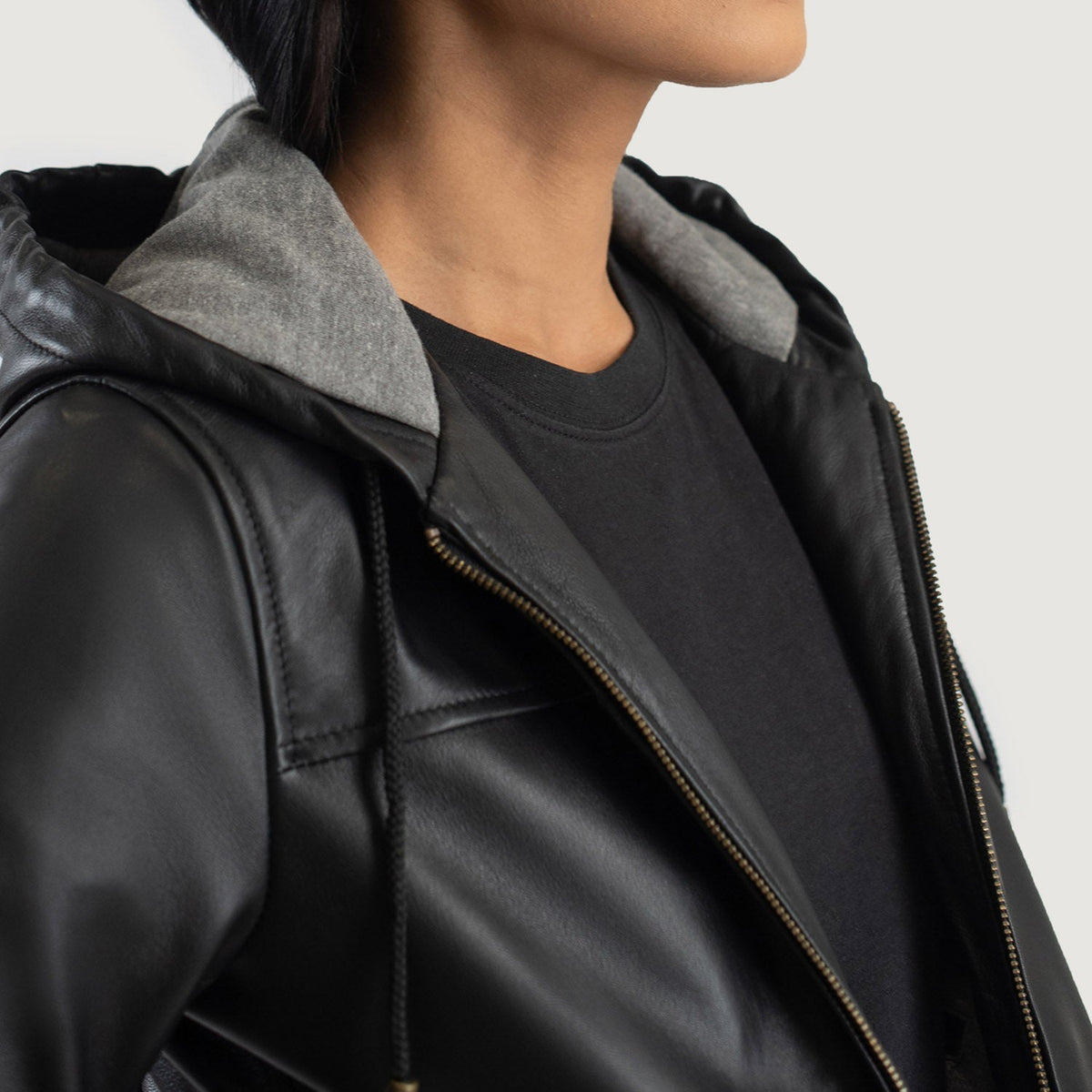 Rebella Black Hooded Leather Bomber Jacket - women's jacket in black sheepskin leather, view 6