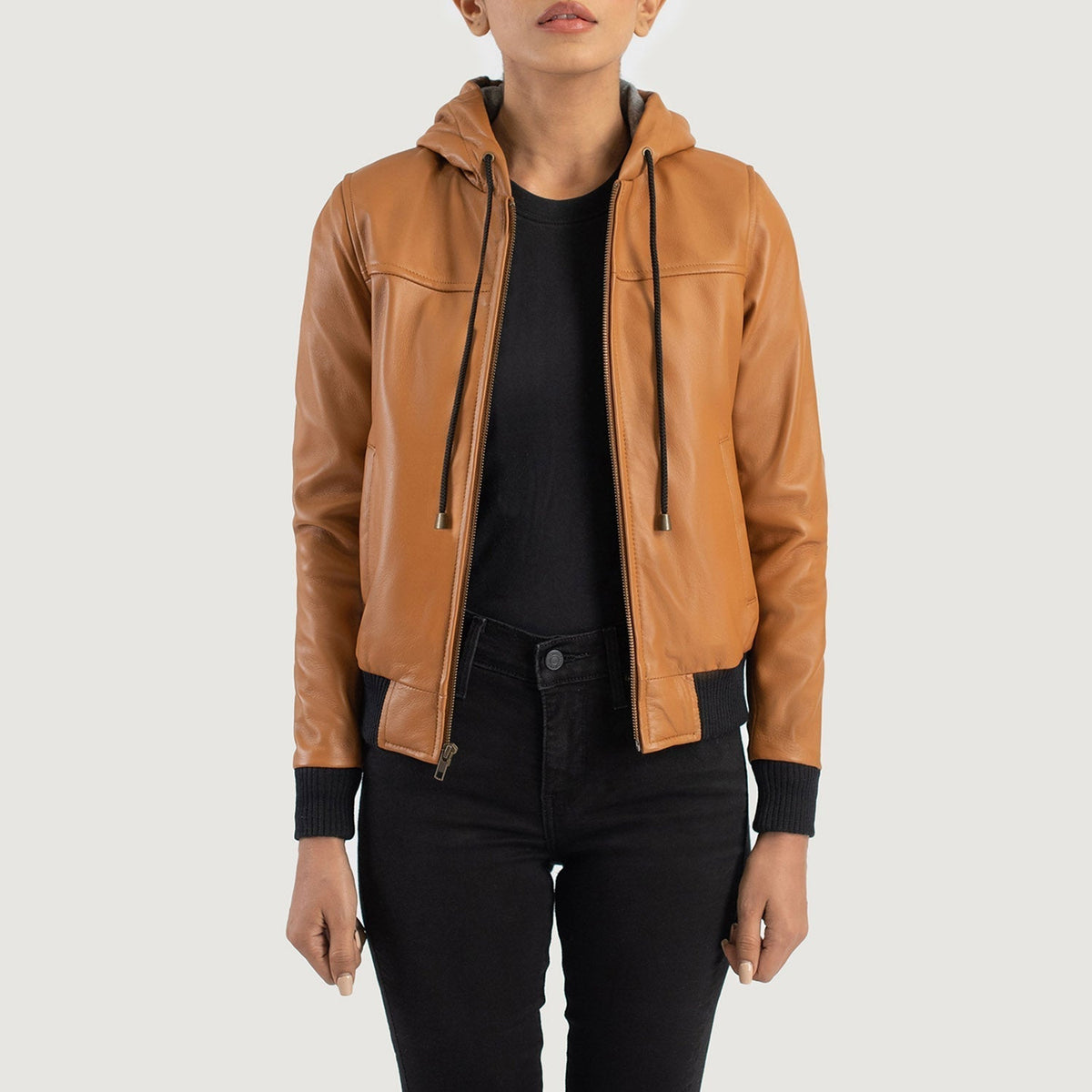 Rebella Brown Hooded Leather Bomber Jacket - women's jacket in brown sheepskin leather, view 1