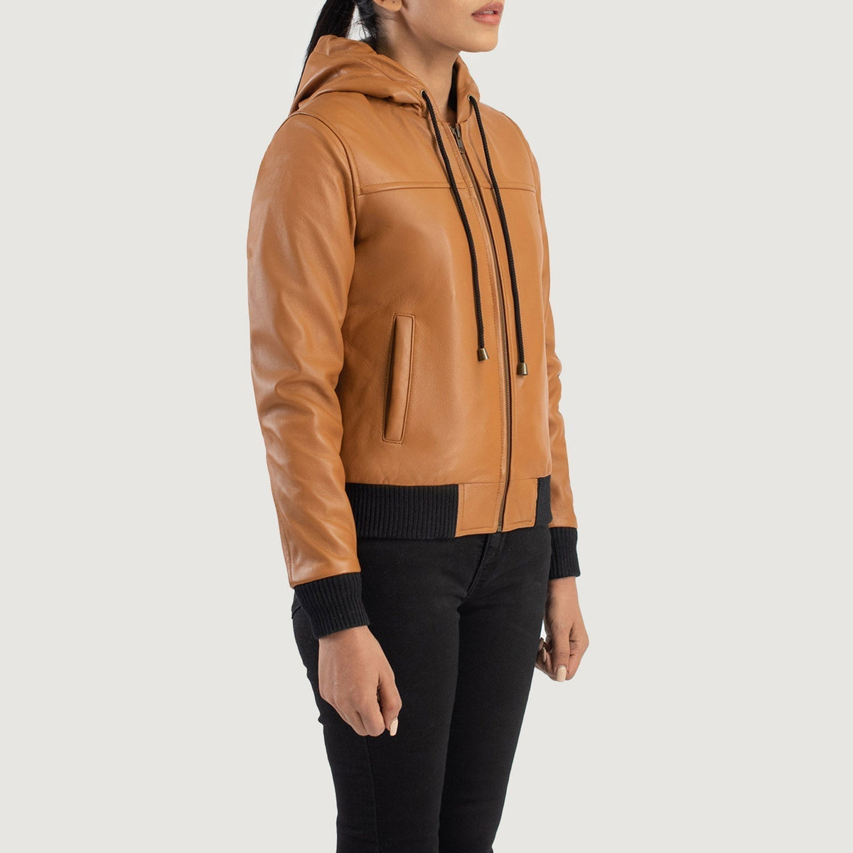 Rebella Brown Hooded Leather Bomber Jacket - women's jacket in brown sheepskin leather, view 2