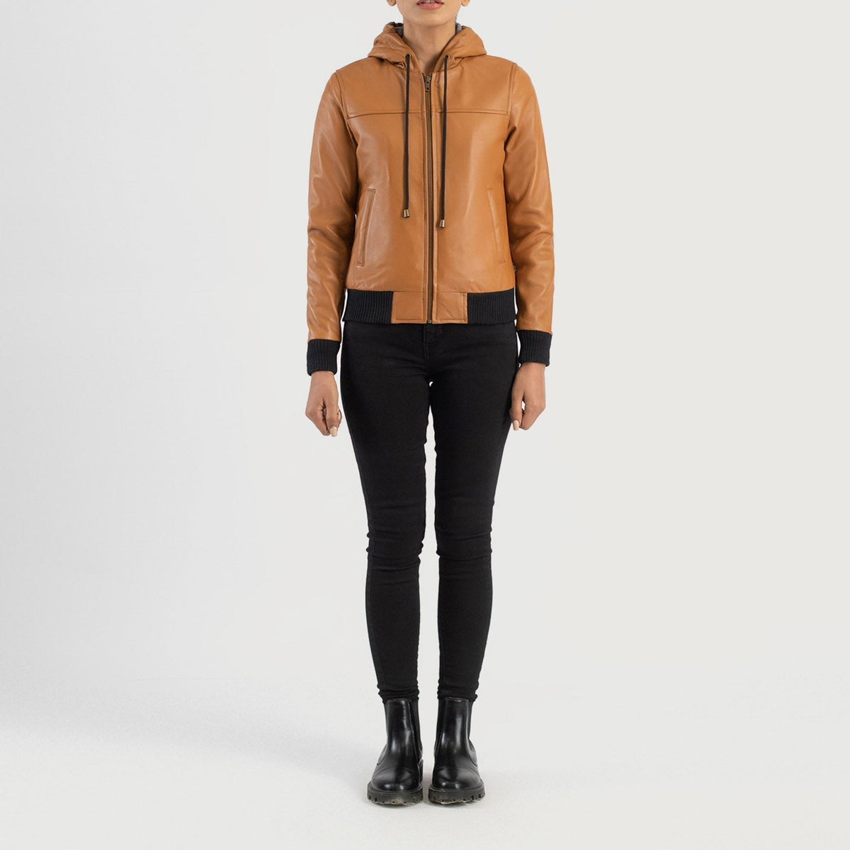Rebella Brown Hooded Leather Bomber Jacket - women's jacket in brown sheepskin leather, view 3