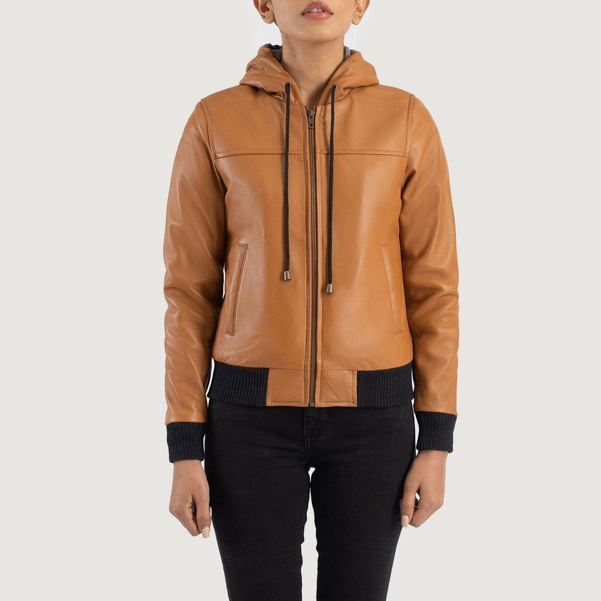 Rebella Brown Hooded Leather Bomber Jacket - women's jacket in brown sheepskin leather, view 4