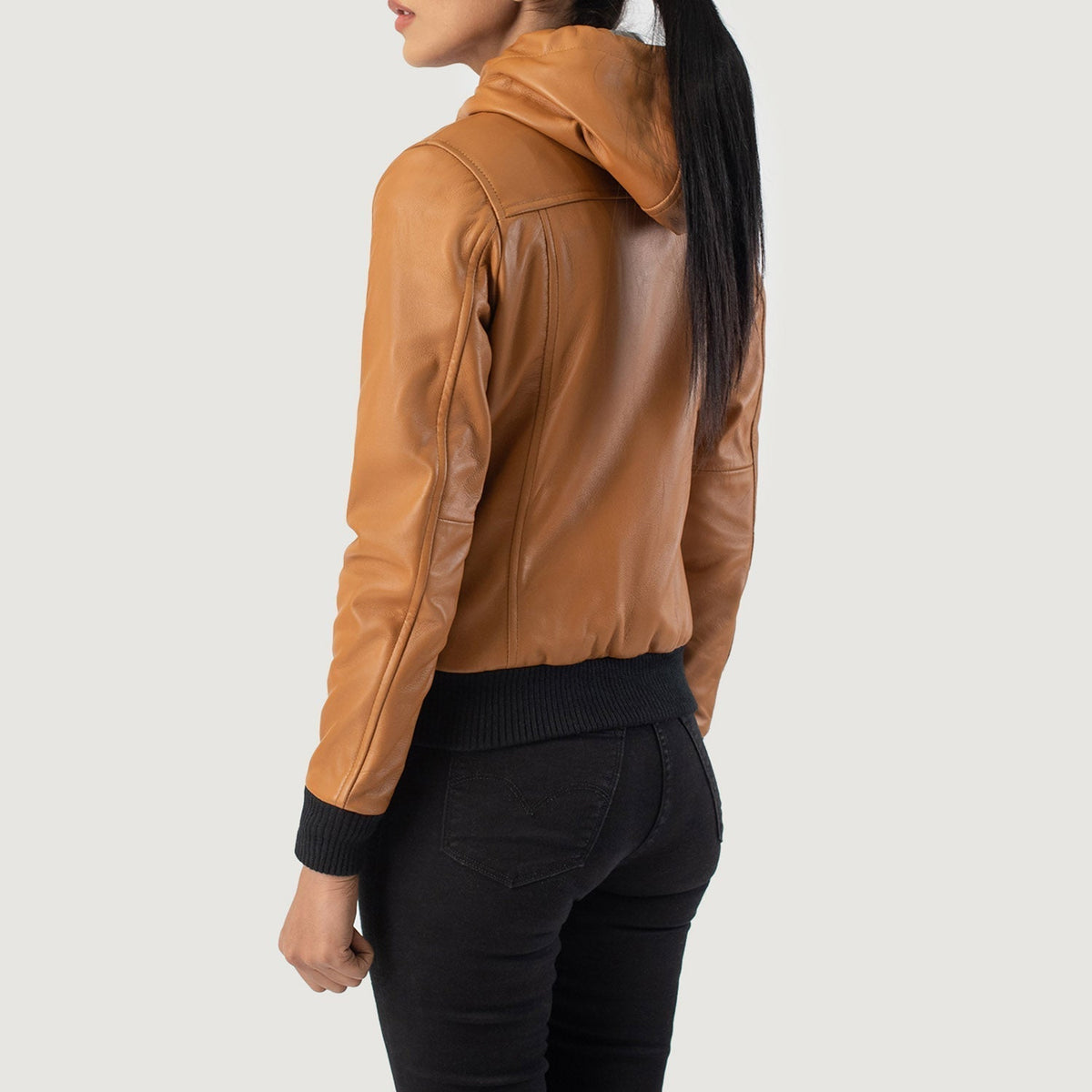 Rebella Brown Hooded Leather Bomber Jacket - women's jacket in brown sheepskin leather, view 5