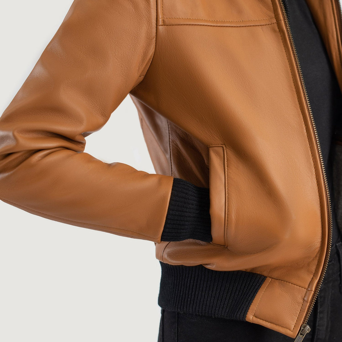 Rebella Brown Hooded Leather Bomber Jacket - women's jacket in brown sheepskin leather, view 6