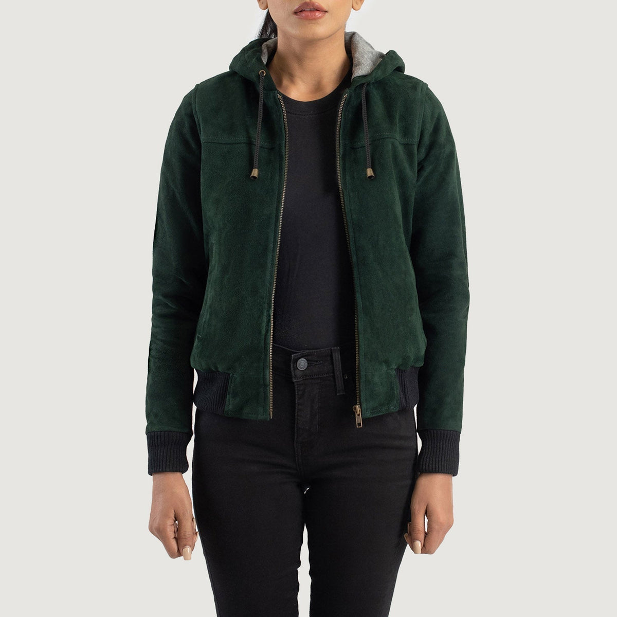 Rebella Green Hooded Suede Bomber Jacket - women's jacket in green suede leather, view 1
