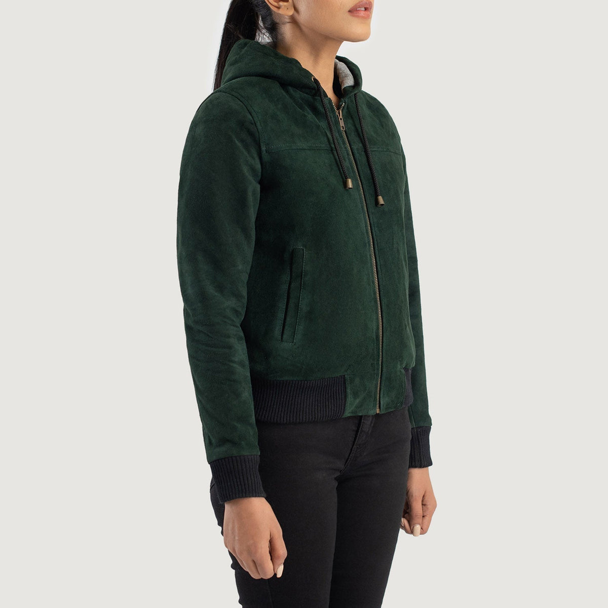 Rebella Green Hooded Suede Bomber Jacket - women's jacket in green suede leather, view 2