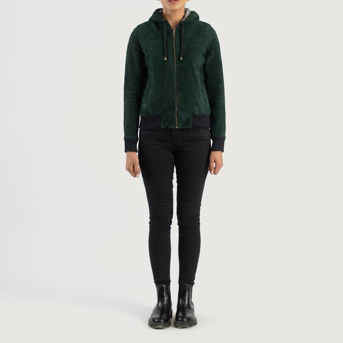 Rebella Green Hooded Suede Bomber Jacket - women's jacket in green suede leather, view 3