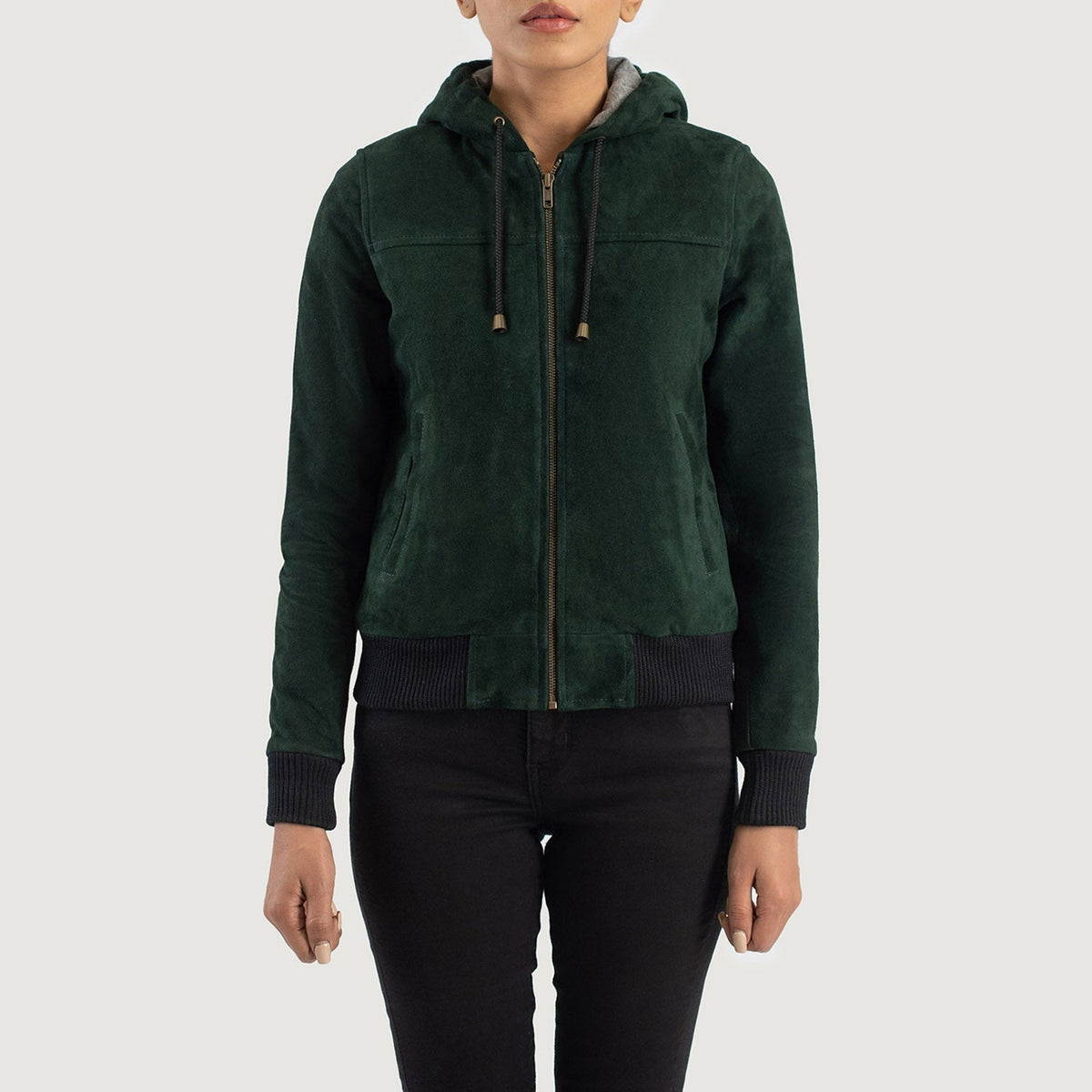 Rebella Green Hooded Suede Bomber Jacket - women's jacket in green suede leather, view 4