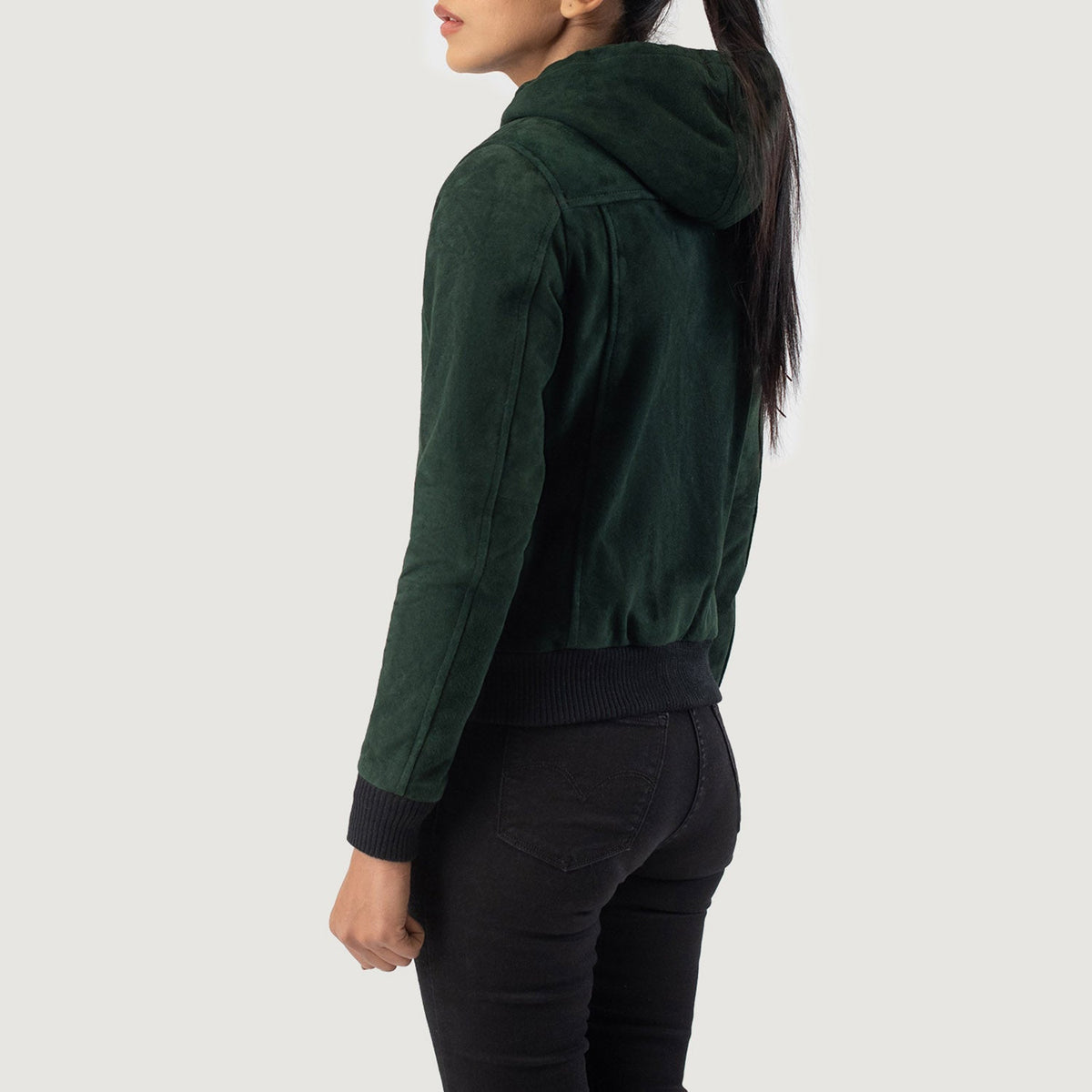 Rebella Green Hooded Suede Bomber Jacket - women's jacket in green suede leather, view 5