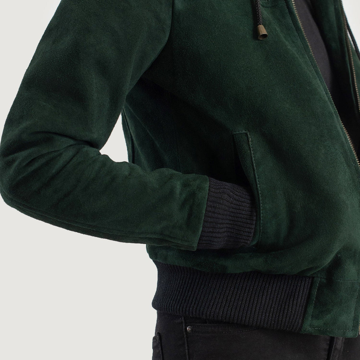 Rebella Green Hooded Suede Bomber Jacket - women's jacket in green suede leather, view 6
