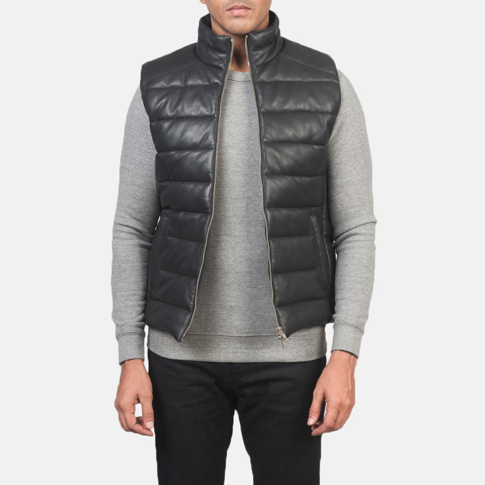 Reeves Black Leather Puffer Vest - men's vest in black sheepskin leather, view 1