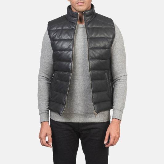 Reeves Black Leather Puffer Vest - men's vest in black sheepskin leather, view 1