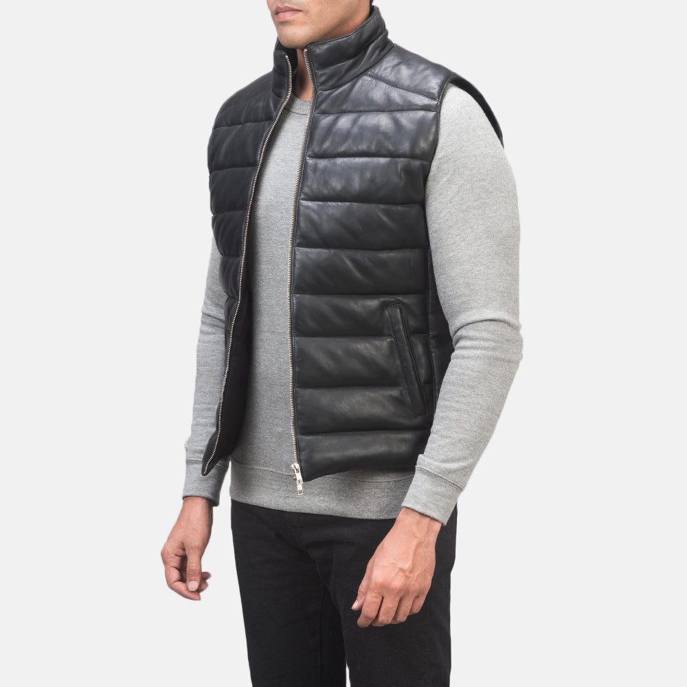 Reeves Black Leather Puffer Vest - men's vest in black sheepskin leather, view 2