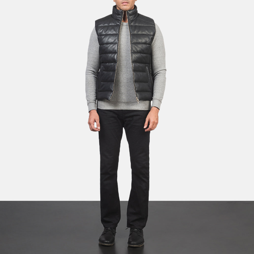 Reeves Black Leather Puffer Vest - men's vest in black sheepskin leather, view 3
