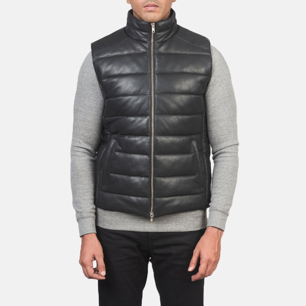 Reeves Black Leather Puffer Vest - men's vest in black sheepskin leather, view 4