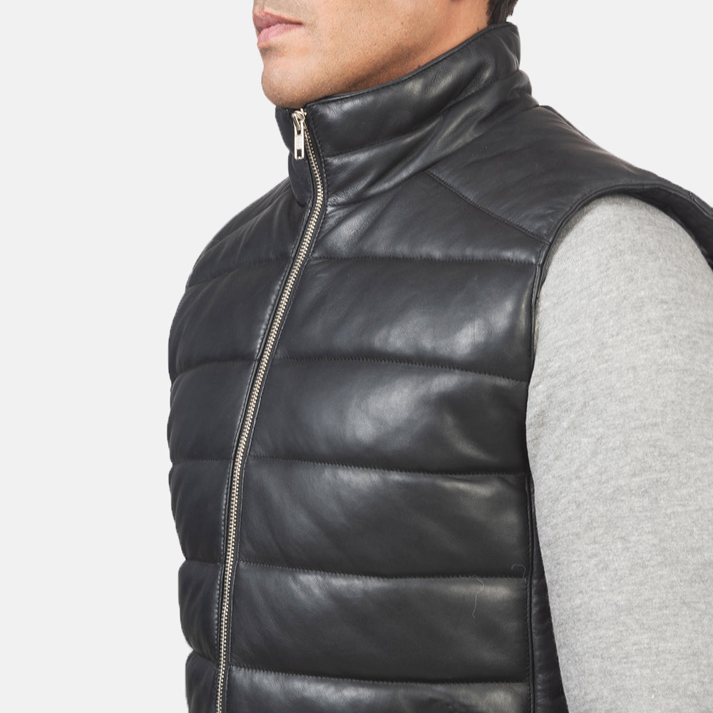 Reeves Black Leather Puffer Vest - men's vest in black sheepskin leather, view 6