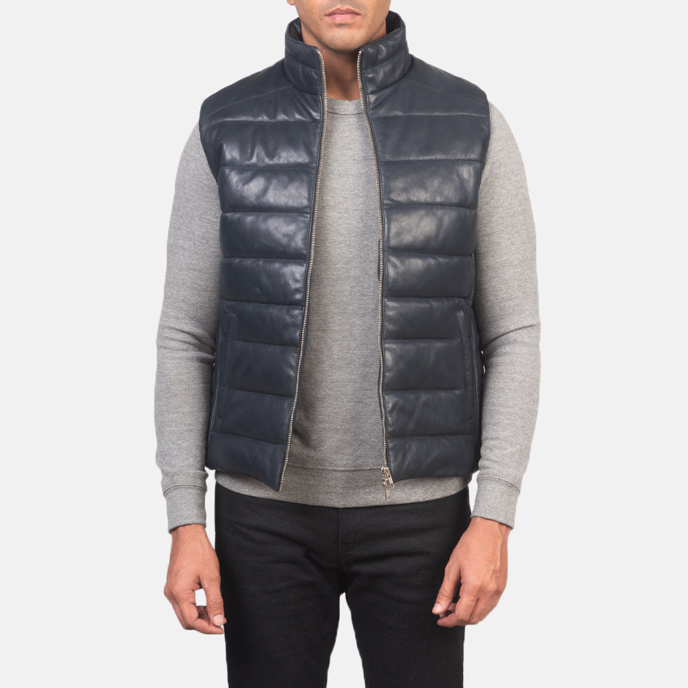 Reeves Blue Leather Puffer Vest - men's vest in blue sheepskin leather, view 1