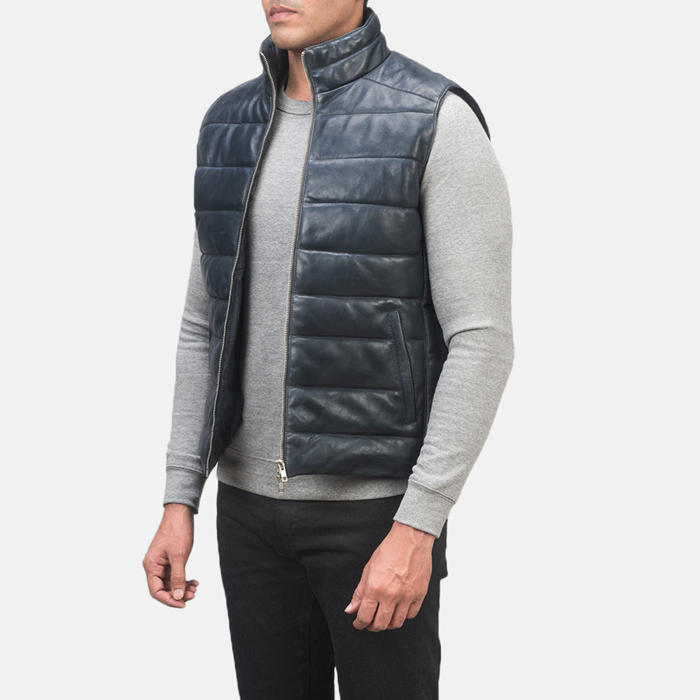 Reeves Blue Leather Puffer Vest - men's vest in blue sheepskin leather, view 2