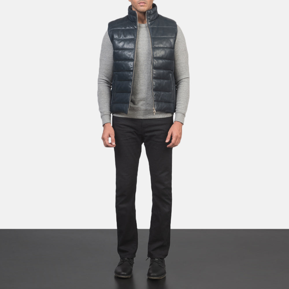 Reeves Blue Leather Puffer Vest - men's vest in blue sheepskin leather, view 3