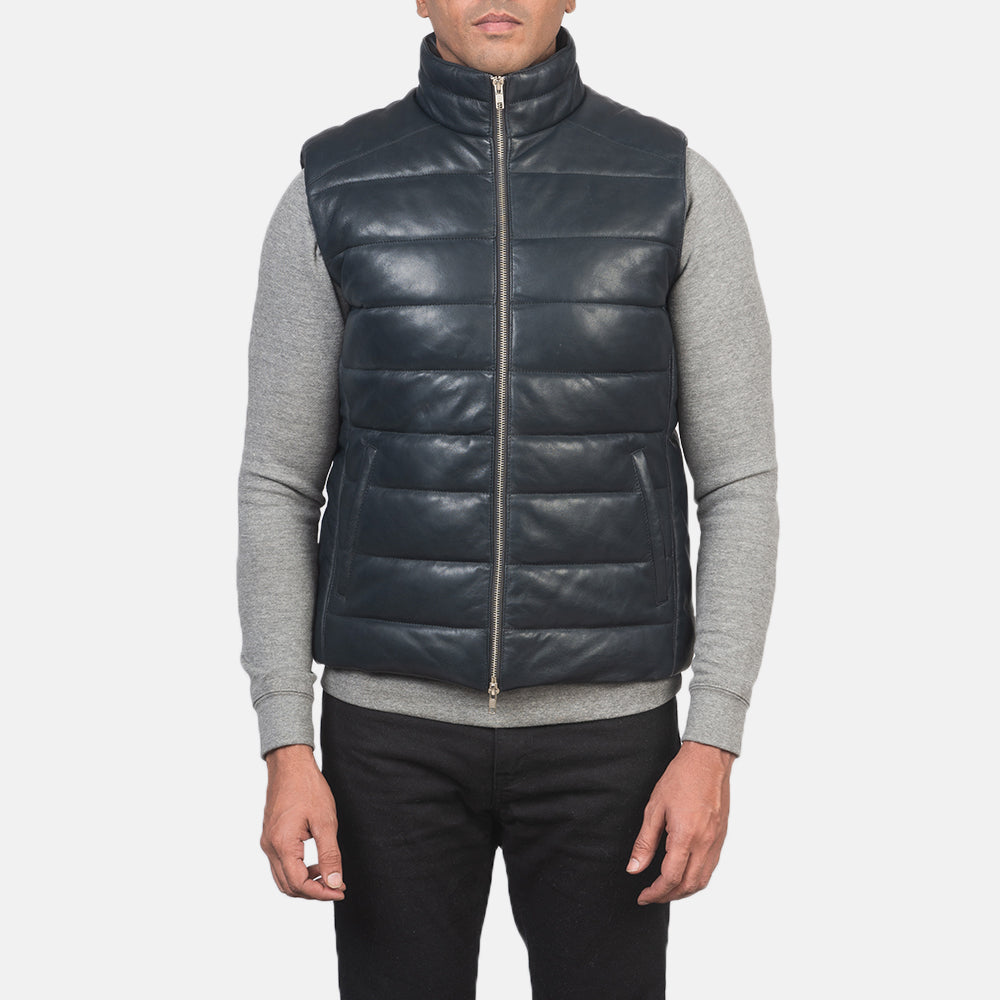 Reeves Blue Leather Puffer Vest - men's vest in blue sheepskin leather, view 4