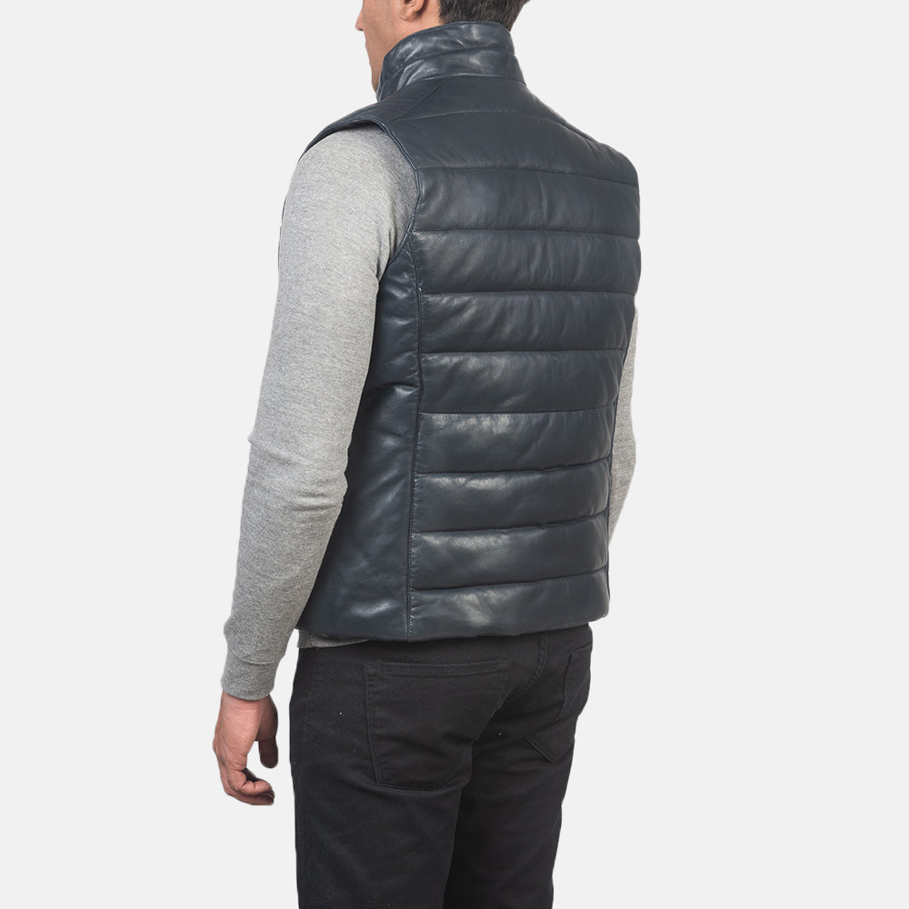 Reeves Blue Leather Puffer Vest - men's vest in blue sheepskin leather, view 5