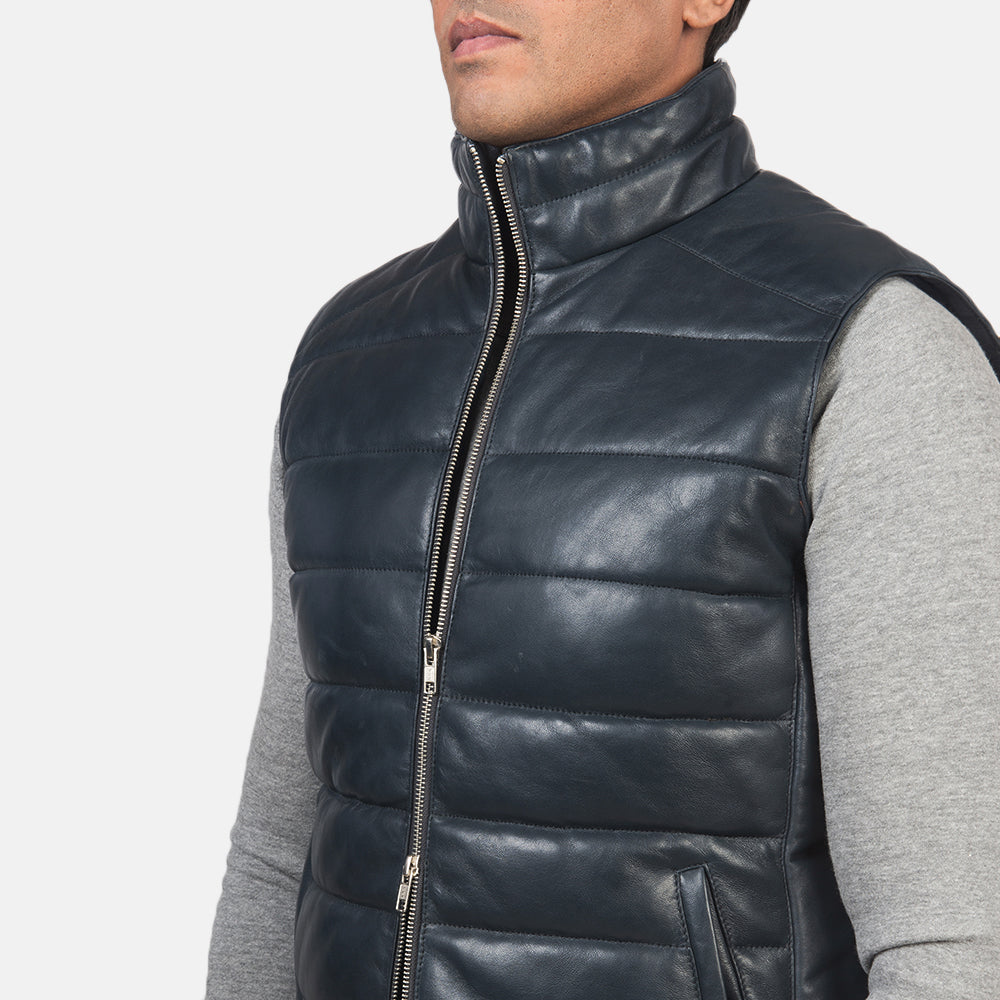 Reeves Blue Leather Puffer Vest - men's vest in blue sheepskin leather, view 6