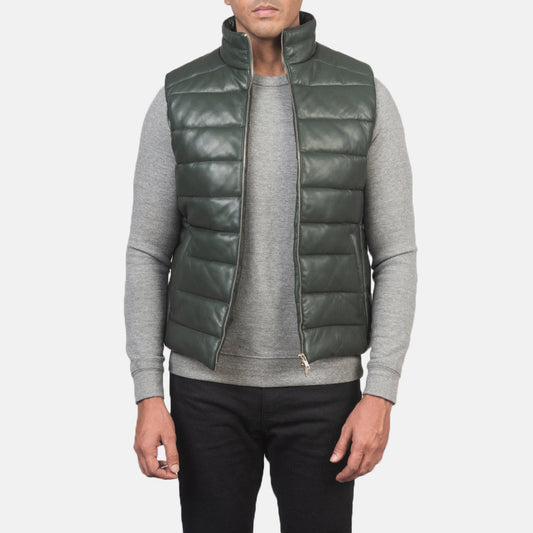 Reeves Green Leather Puffer Vest - men's vest in green sheepskin leather, view 1