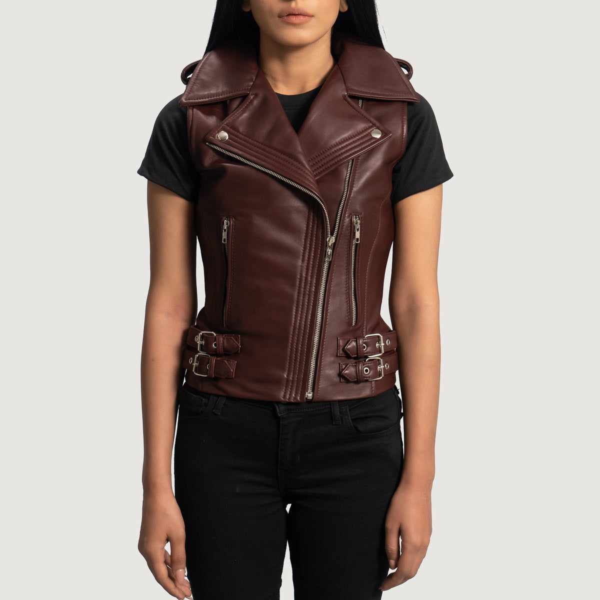 Brex Rhonda Maroon Leather Biker Vest - women's vest in maroon sheepskin leather, view 1