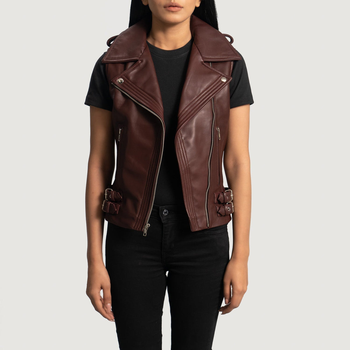 Brex Rhonda Maroon Leather Biker Vest - women's vest in maroon sheepskin leather, view 2