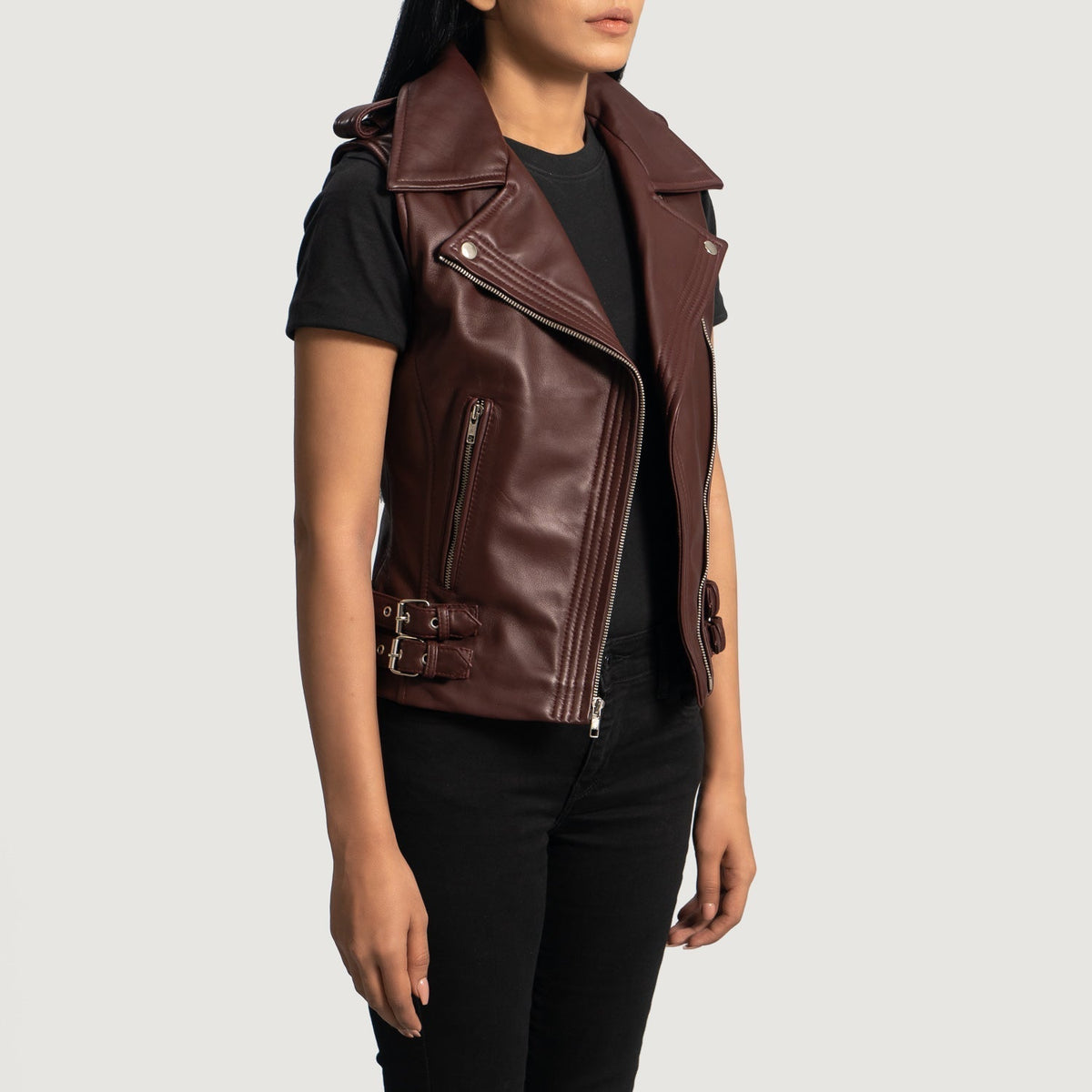 Brex Rhonda Maroon Leather Biker Vest - women's vest in maroon sheepskin leather, view 3