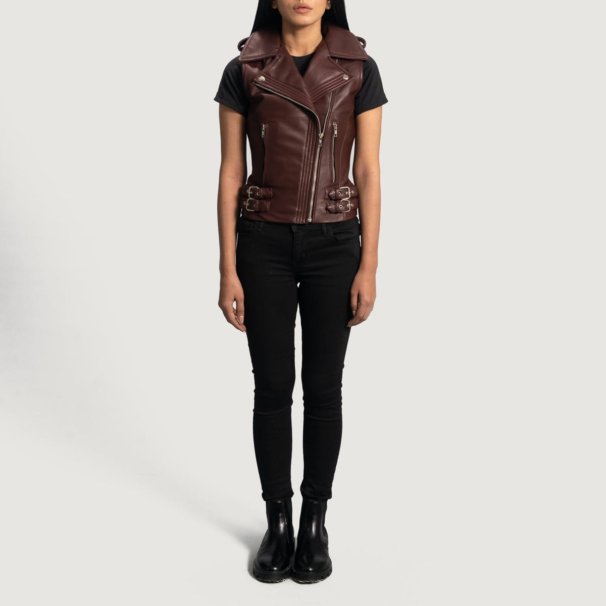 Brex Rhonda Maroon Leather Biker Vest - women's vest in maroon sheepskin leather, view 4